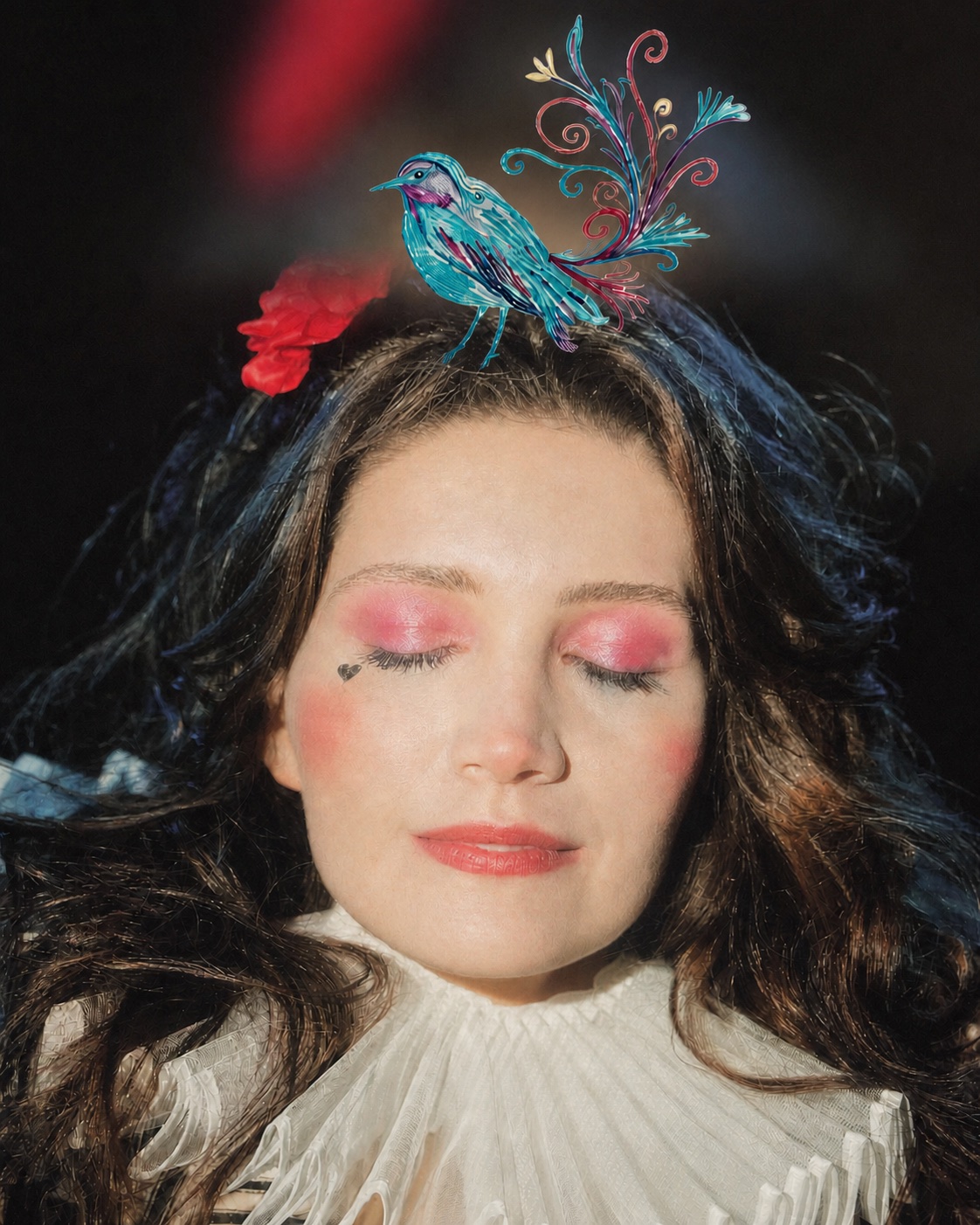 Feride Morçay with her eyes closed and a colourful illustrated bird resting in her hair